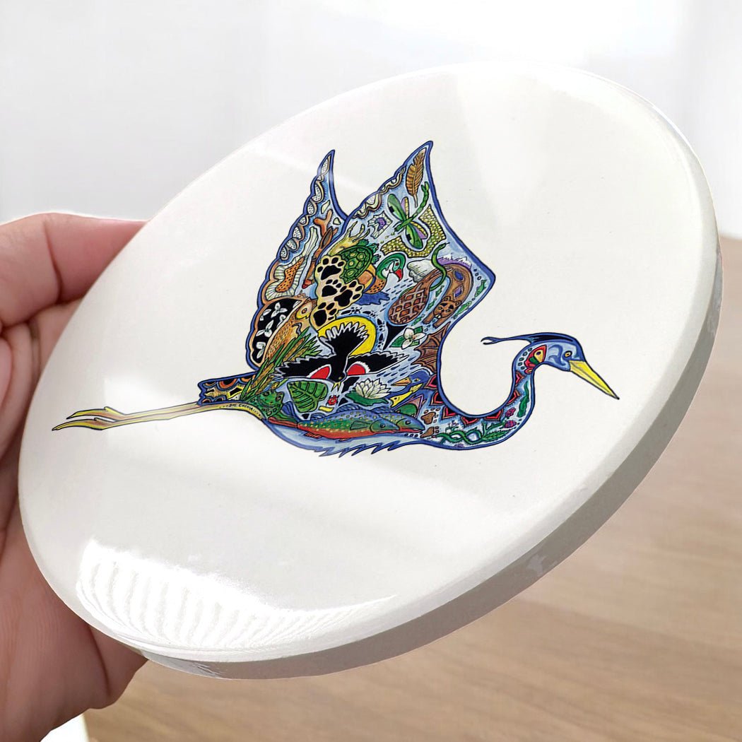 Flying Blue Heron Glazed Ceramic Coaster