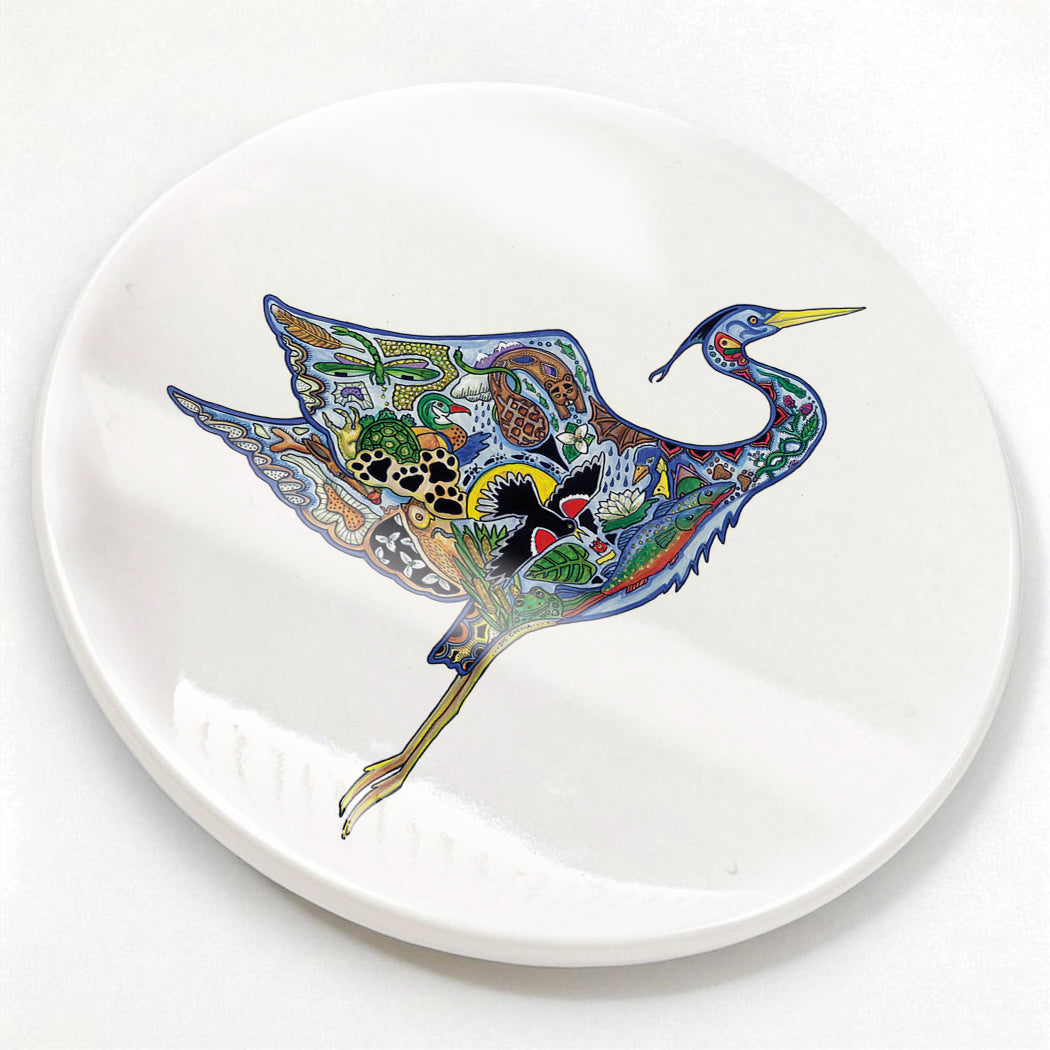 Flying Blue Heron Glazed Ceramic Coaster