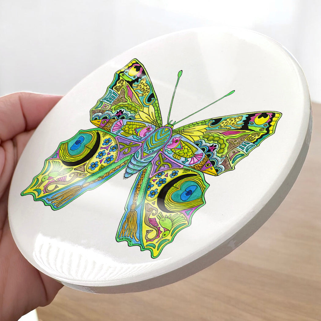 Peacock Butterfly Glazed Ceramic Coaster
