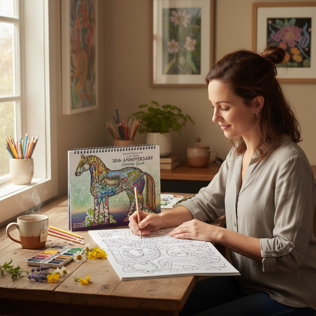 EarthArt International 30th Anniversary Coloring Book featuring 15 animal spirit designs, including a wild horse.