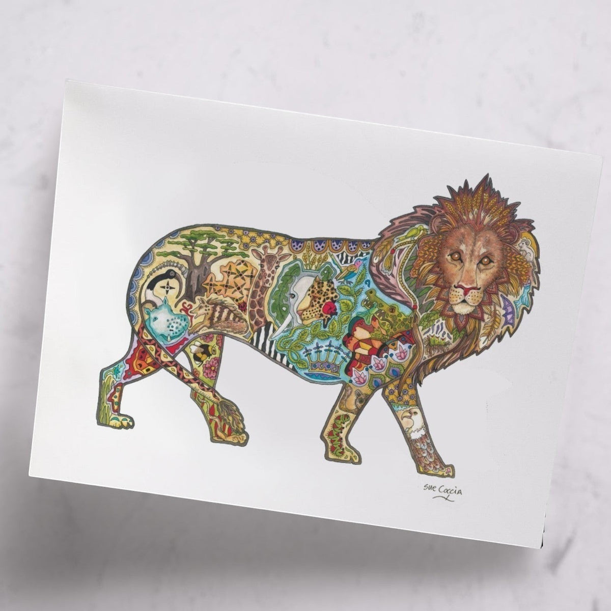 EarthArt International Lion Art Print featuring a detailed illustration of a lion filled with miniature African wildlife scenes and patterns.