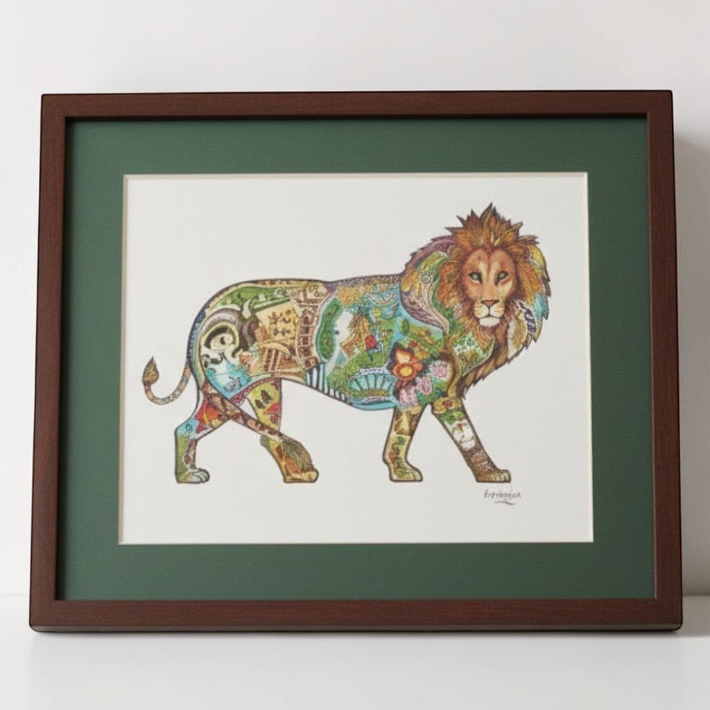 EarthArt International Intricate Wildlife Scene Lion Art Print, signed by Sue. Features a detailed lion filled with miniature scenes of African wildlife.