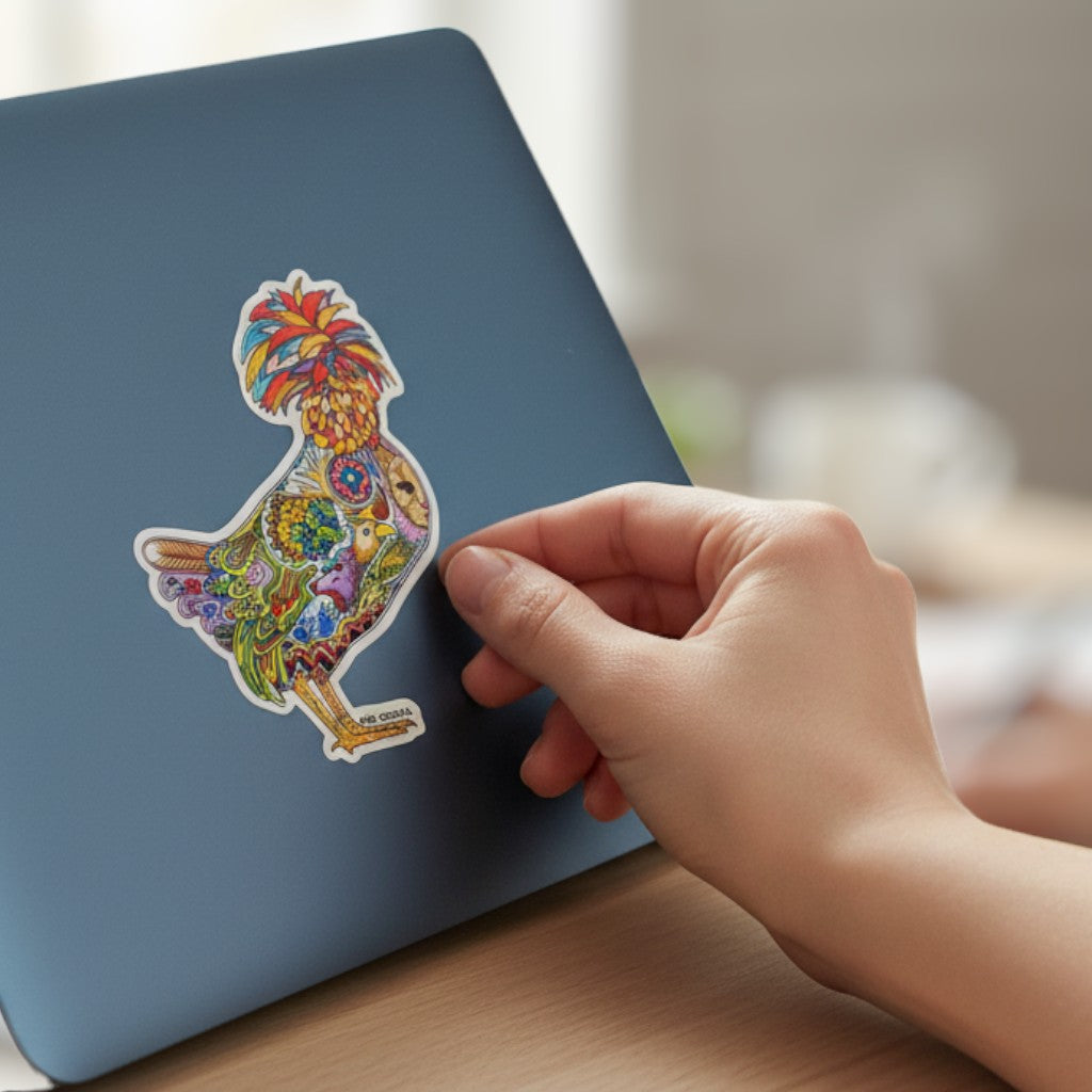 EarthArt International Folk Art Rooster Sticker with hidden animals and vibrant colors. Detailed, whimsical design.