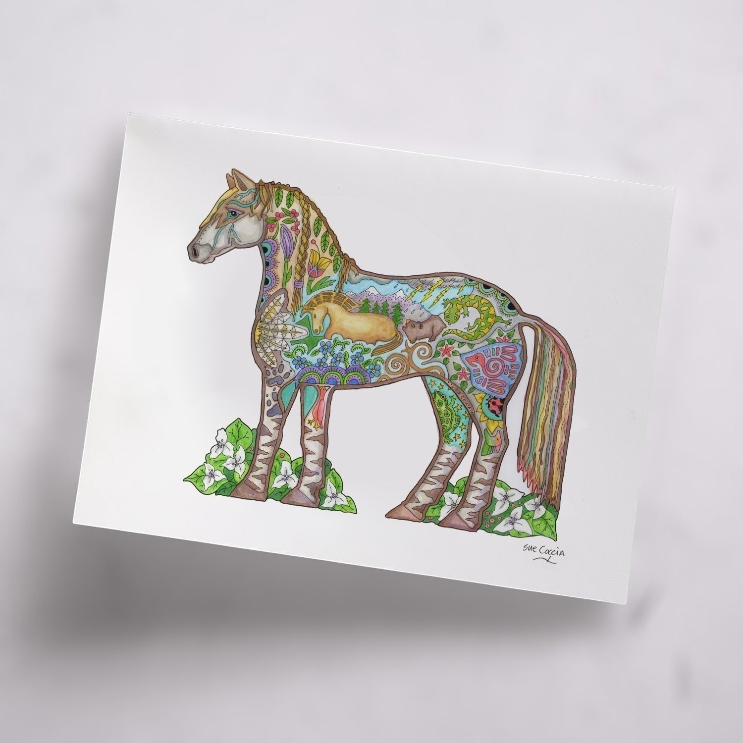 EarthArt International Wild Horse art print by Sue Caccia, featuring a horse filled with nature designs and vibrant colors.