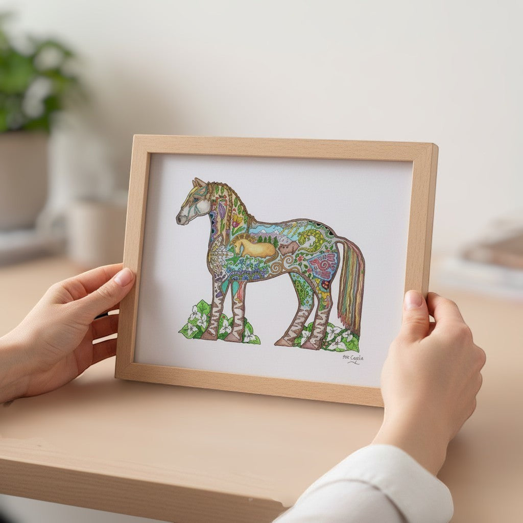 EarthArt International Wild Horse art print by Sue Caccia, featuring a colorful, detailed horse silhouette filled with nature motifs and a foal inside.