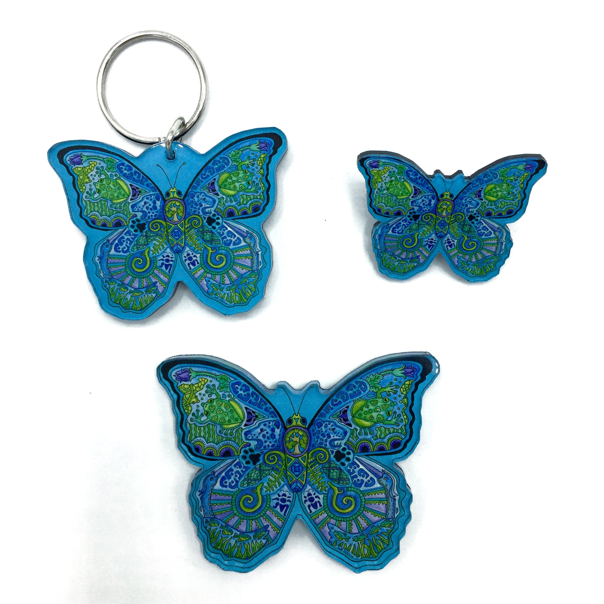 Blue Morpho Butterfly Magnets, Keychains and Pins