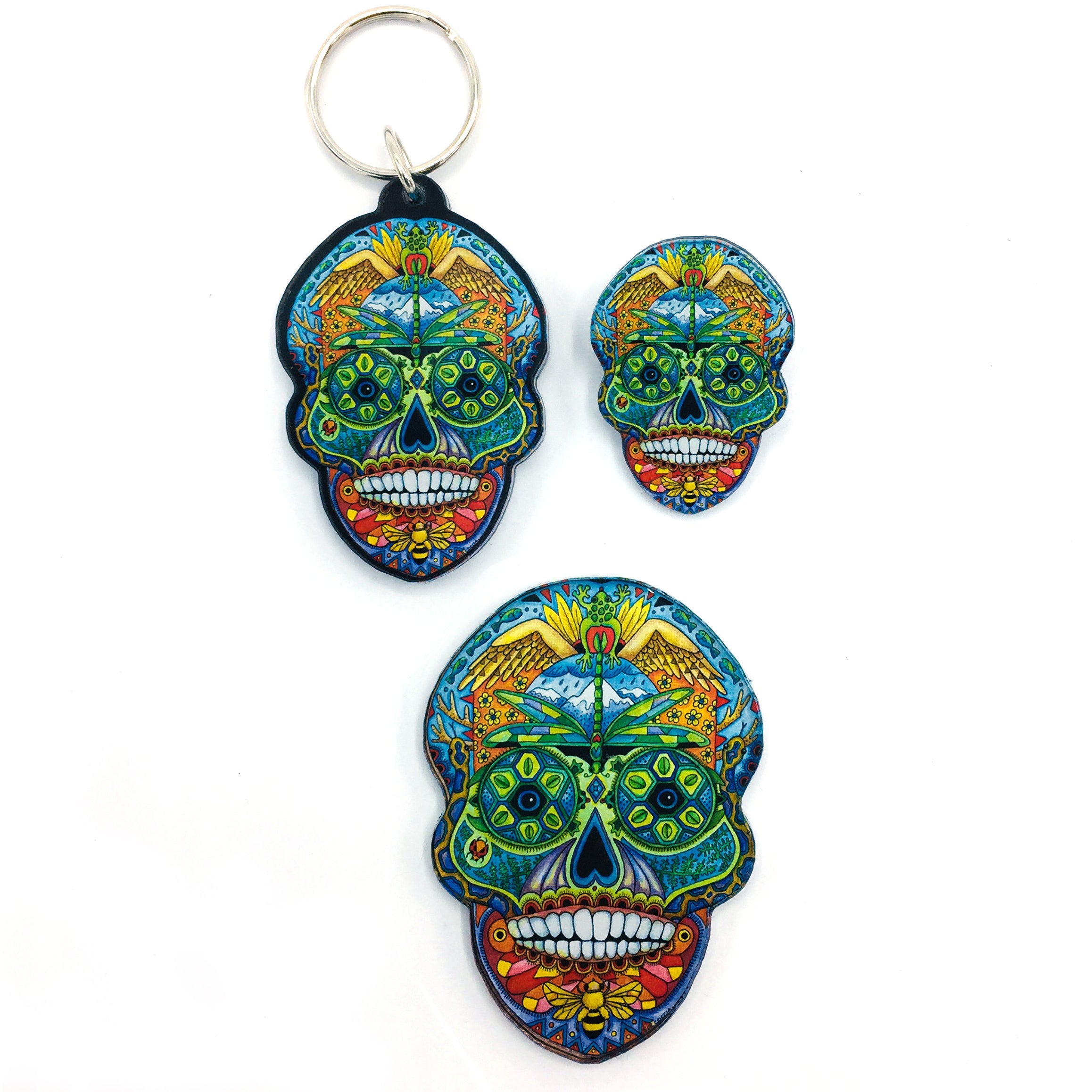 Sugar Skull Magnets, Keychains and Pins
