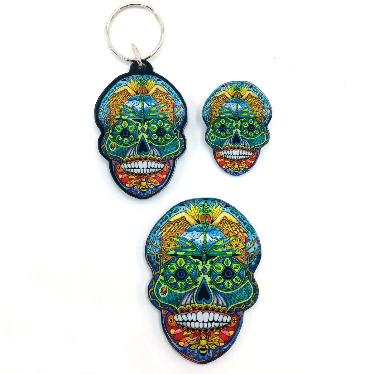 Sugar Skull Magnets, Keychains and Pins